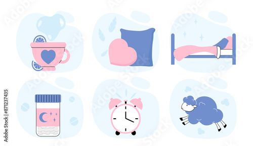 Stuff for sleep set. Mug with hot drink, sheep, clock, melatonin tablets and bed. Dreams and sleep. Rest and relax, recuperation. Linear vector collection
