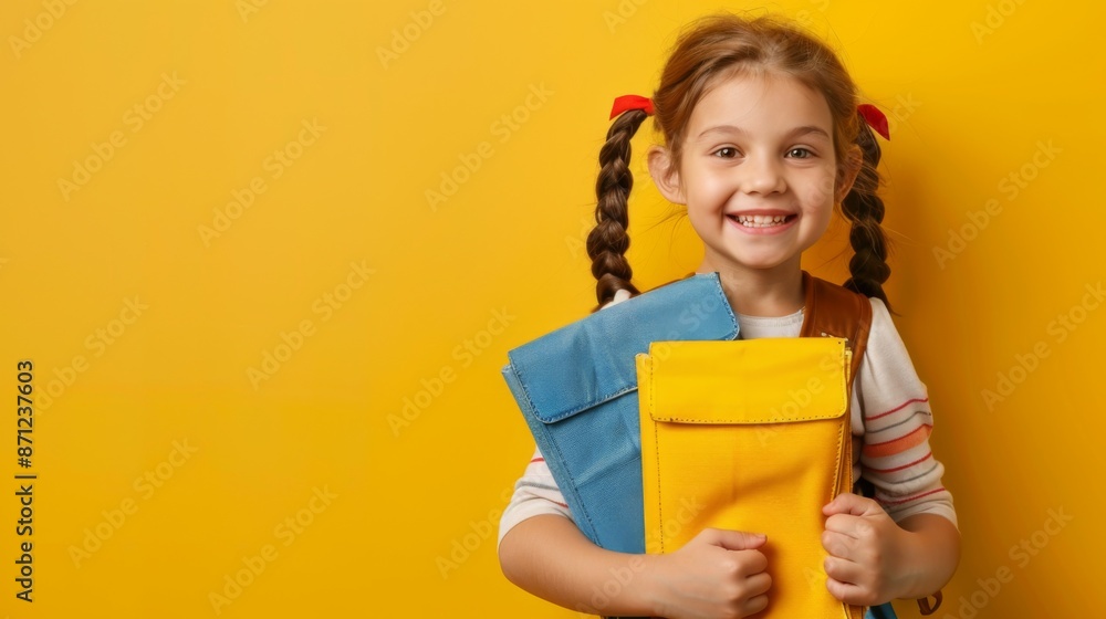 A happy girl with pigtails standing against a yellow background, smiling broadly while holding blue and yellow books, representing excitement for school and learning. A happy girl with pigtails standing against a yellow background, smiling broadly while holding blue and yellow books, representing excitement for school and learning.