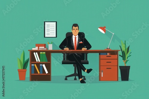 Illustration of a businessman in a suit sitting in a modern office with desk, lamp, bookshelves, and plants on a green background.