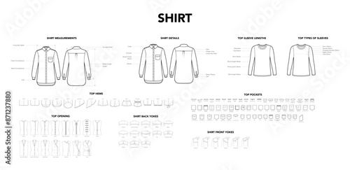 Set of Shirt Top details - Measurement, Opening, Hem Sleeves and Yoke Pockets styles technical fashion illustration. Flat apparel template. Women, men unisex CAD mockup isolated on white background