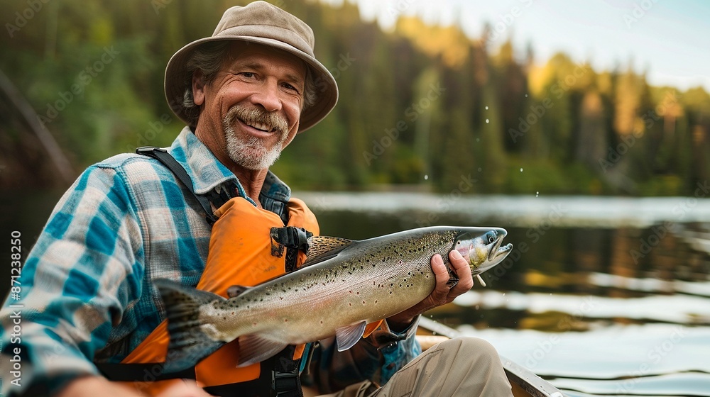 Happy fisherman holding trout in hands while sitting on river in mountains Happy fisherman holding trout in hands while sitting on river in mountains