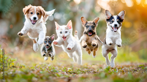 Energetic group of playful dogs and cats running jumping and happily playing together in a blurred grassy field  The animals are shown in motion showcasing their joy and carefree spirit