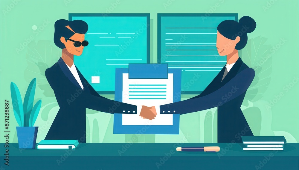 Illustration of two professionals shaking hands over a contract, symbolizing successful business agreement and partnership. Illustration of two professionals shaking hands over a contract, symbolizing successful business agreement and partnership.