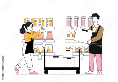 Employees in bakery store. Man and woman near milk and bakery and pastry food. Merchandisers in supermarket. Sellers with products. Linear vector illustration