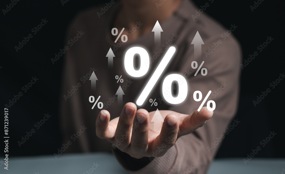 Naklejka premium Human holding interest rate dividend arrow business financial investment, business growth, money, stock market, chart, interest rate, investment, funds, percent commission, income, marketing, profit.