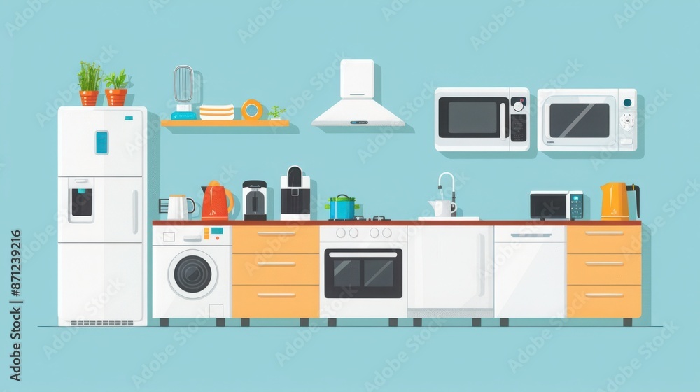 Modern kitchen with appliances including refrigerator, oven, microwave, coffee maker and washing machine against blue wall. Modern kitchen with appliances including refrigerator, oven, microwave, coffee maker and washing machine against blue wall.