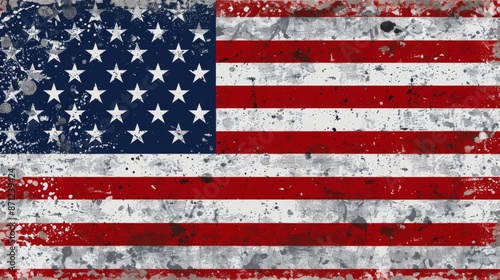 An American flag presented with a grunge effect, incorporating splashes of black and grey, symbolizing resilience and strength amidst adversity within the nation.