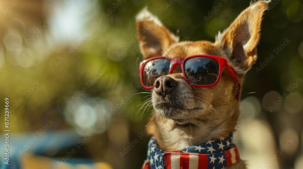 A charming dog wearing red glasses and an American flag bandana, basking in sunlight, symbolizing playfulness, patriotism, and the carefree joys of summer. A charming dog wearing red glasses and an American flag bandana, basking in sunlight, symbolizing playfulness, patriotism, and the carefree joys of summer.