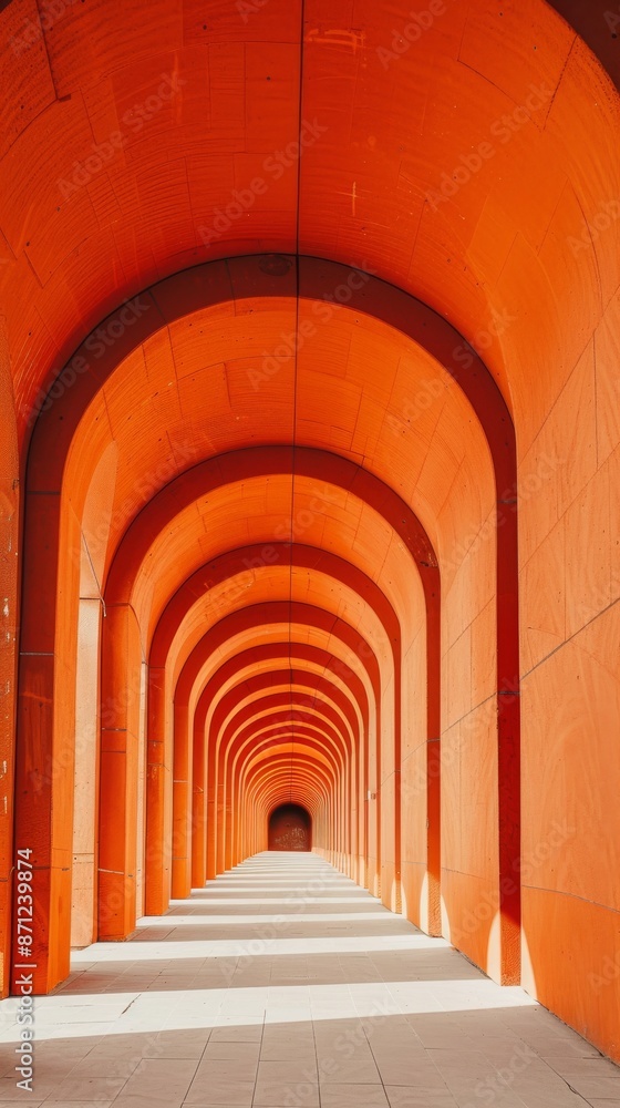 Fototapeta premium Orange arches in a corridor with sunlight and shadows creating a repetitive pattern. Architectural symmetry and design concept