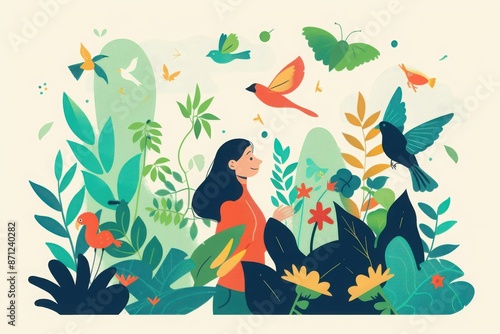 Woman enjoying vibrant garden scenery surrounded by lush greenery, colorful butterflies, and birds, reflecting nature's beauty and tranquility.