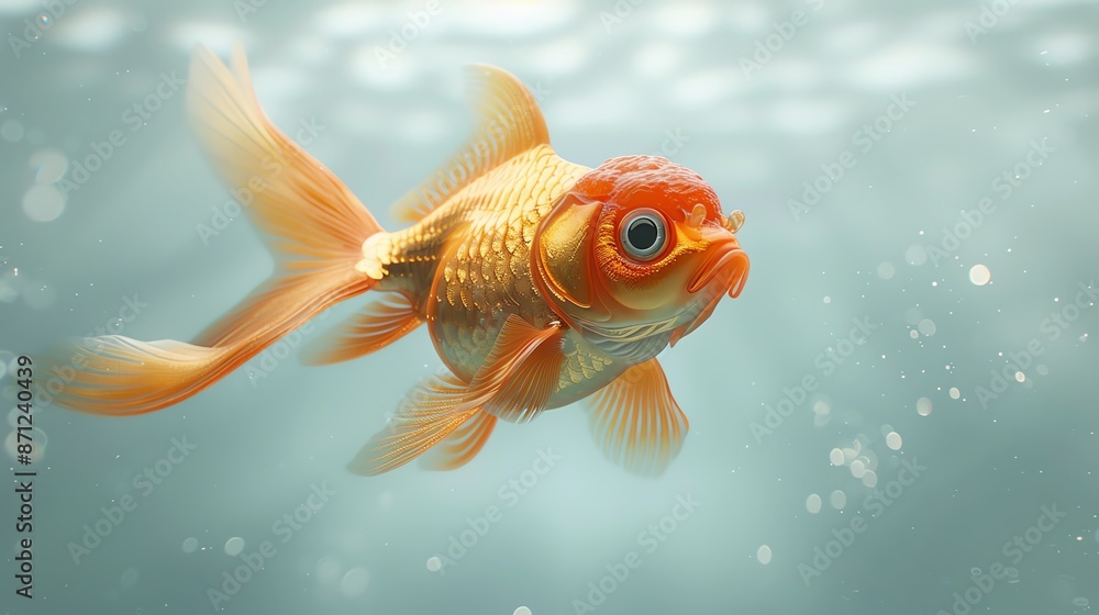 A close-up of a beautiful goldfish swimming in clear water, showcasing its vibrant colors and delicate fins, immersed in a serene aquatic environment. A close-up of a beautiful goldfish swimming in clear water, showcasing its vibrant colors and delicate fins, immersed in a serene aquatic environment.