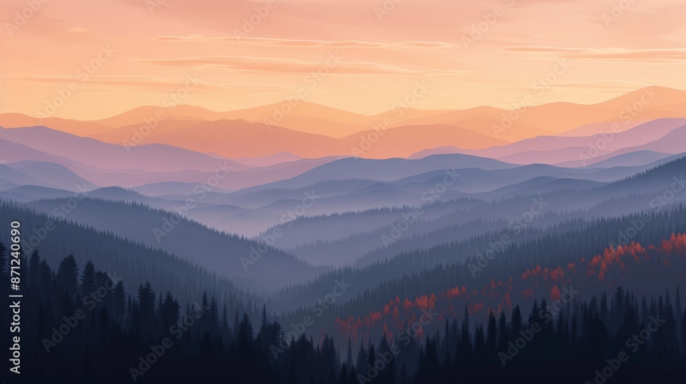 Mountain landscape at sunrise with layered hills and forest, panoramic view. Tranquil nature and serenity concept Mountain landscape at sunrise with layered hills and forest, panoramic view. Tranquil nature and serenity concept