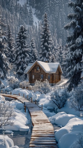 Wallpaper Mural Snow-covered log cabin in snowy forest with wooden bridge, winter wonderland scene. Cozy retreat and nature concept Torontodigital.ca