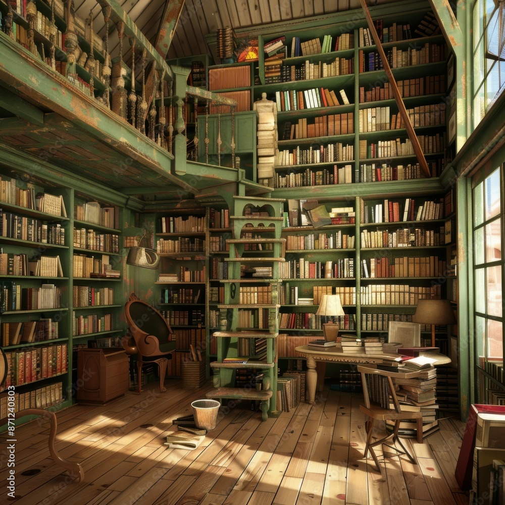 A rustic library adorned with green shelves and wooden accents, featuring a reading nook, stacked books, winding stairs, and a warm inviting atmosphere under natural light. A rustic library adorned with green shelves and wooden accents, featuring a reading nook, stacked books, winding stairs, and a warm inviting atmosphere under natural light.