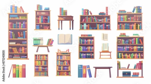 A vibrant illustration of various colorful bookshelves and tables adorned with books, creating an engaging and playful atmosphere perfect for reading and studying.