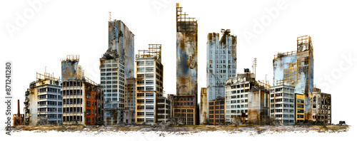 Post apocalyptic city buildings isolated on transparent background. Abandoned, ruined or destroyed architecture, town earthquake natural disaster, demolished broken ruins, wasteland