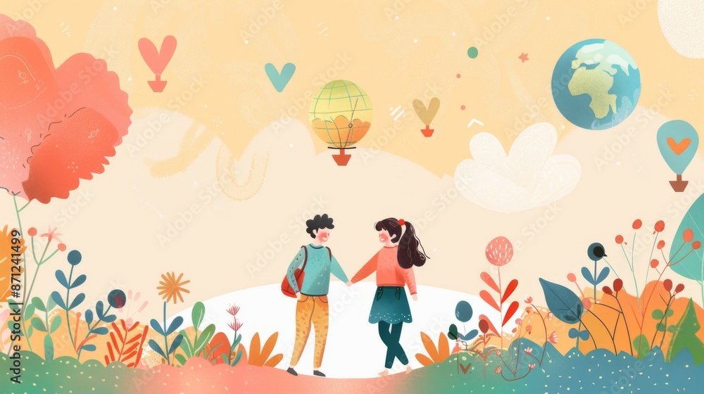 Fototapeta premium Two children holding hands surrounded by nature and colorful elements, including flowers, trees, balloons, and a globe, representing unity and innocence.
