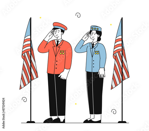 Soldiers veterans concept. Man and woman in uniform salute. Patriotic holiday. Soldiers near American flags. National officer. Linear flat vector illustration