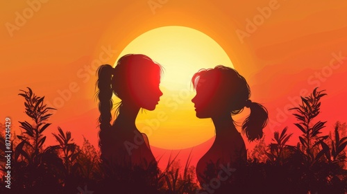 An evocative image of two women as dark silhouettes against the dramatic backdrop of an orange sunset, emphasizing themes of friendship, connection, and nature.