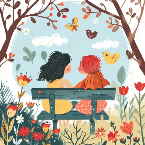 Illustration of two young girls sitting on a bench in an outdoor setting, embraced by nature with blooming flowers, birds, and butterflies, symbolizing friendship and tranquility.