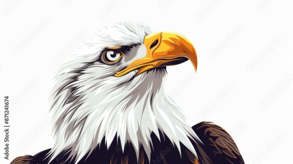 A bold vector graphic representation of a bald eagle with its sharp gaze, capturing the essence of this powerful bird against a simplistic white backdrop. A bold vector graphic representation of a bald eagle with its sharp gaze, capturing the essence of this powerful bird against a simplistic white backdrop.