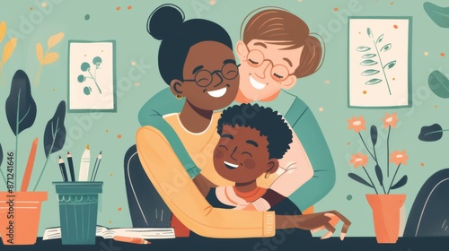 Heartwarming illustration of a mother and child engaging in affectionate activities at home, symbolizing love, care, and family bonding in a cozy domestic setting.