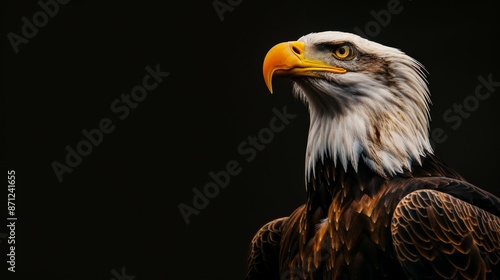 A magnificent bald eagle with a yellow beak stands out against a dark background, capturing its majesty and strength in a detailed perspective.