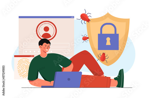 Protection from computer virus. Man with antivirus at laptop. Safety of personal inormation. Security and prevention of hackers attacks. Flat vector illustration