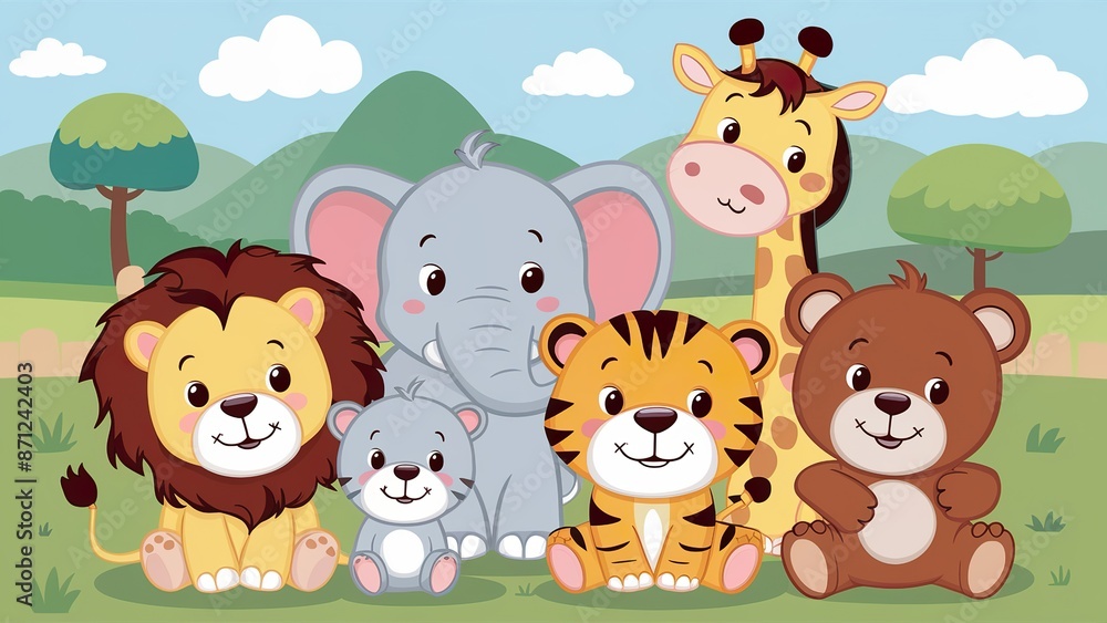Fototapeta premium A group of adorable cartoon animals gathered together