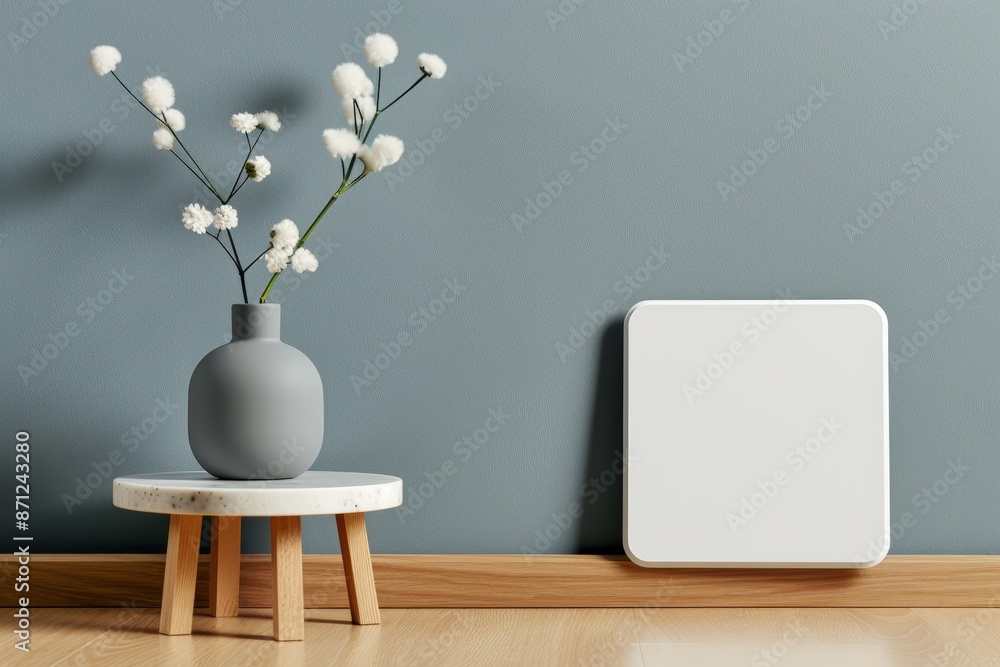 Minimalist vase with white flowers on a small table beside a modern heater on a wooden floor Minimalist vase with white flowers on a small table beside a modern heater on a wooden floor