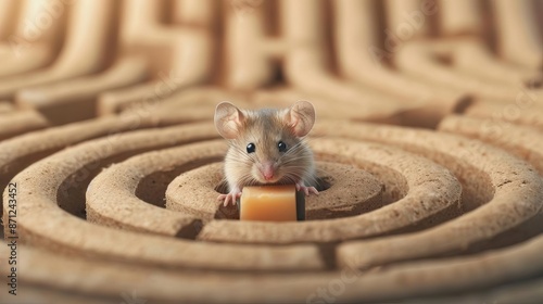 Closeup of a little mouse finding cheese in a maze, children s story, small adventures photo