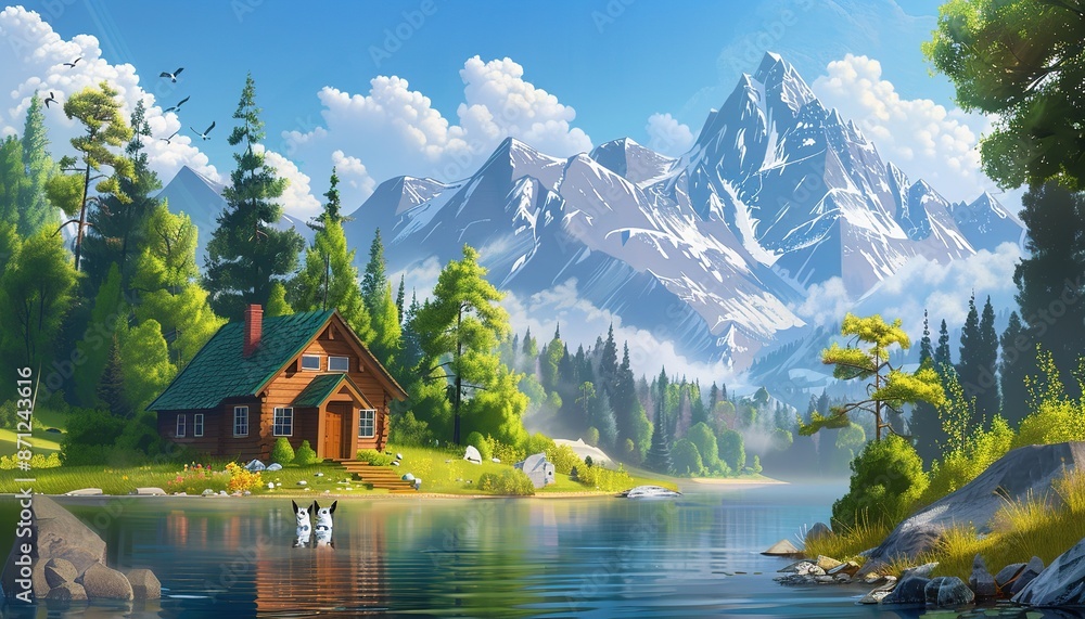 Fototapeta premium Mountain Lake Scene With Lush Green House, cartoon