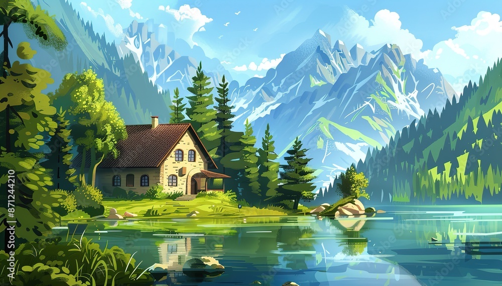 Obraz premium Mountain Lake Scene With Traditional House, cartoon