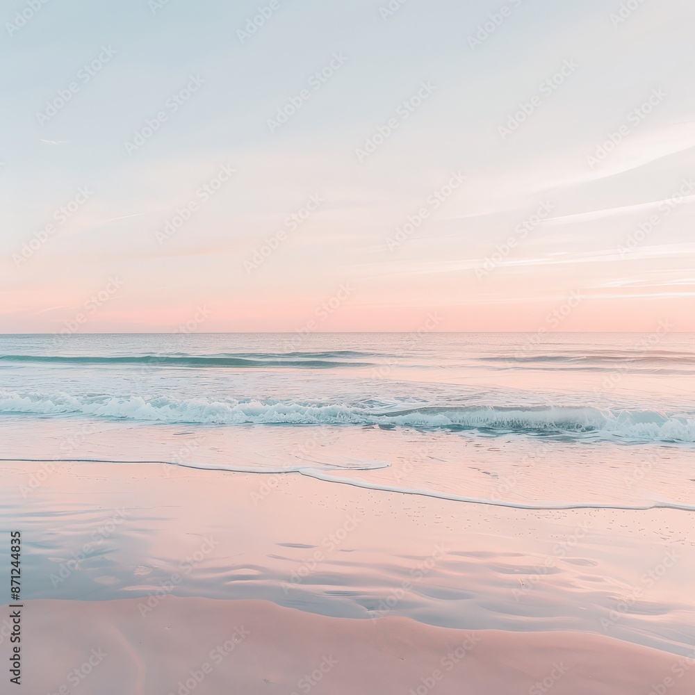 Soft, pastel hues paint the sky and ocean at sunrise. The gentle waves lap at the sandy shore, creating a tranquil scene. Soft, pastel hues paint the sky and ocean at sunrise. The gentle waves lap at the sandy shore, creating a tranquil scene.