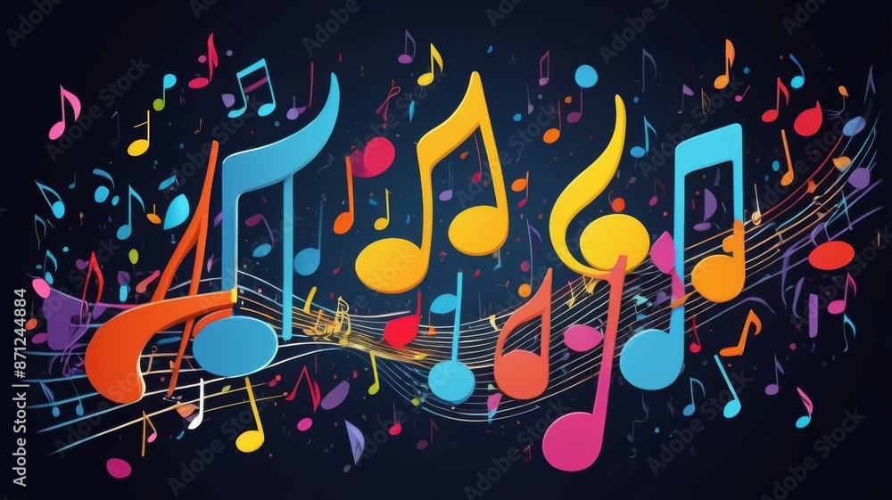 A cascade of colorful musical notes fills the image with a playful melody A cascade of colorful musical notes fills the image with a playful melody