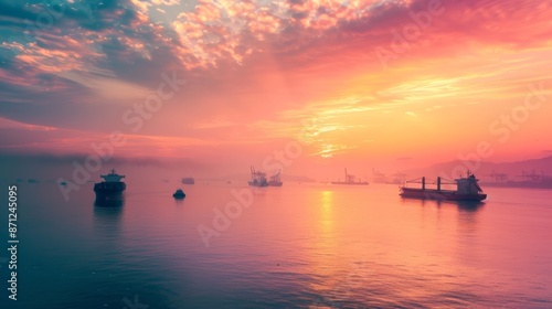 The serene beauty of sunrise over a bustling harbor, with cargo ships preparing for departure under a sky painted in soft pastels, Reflecting the optimism of global trade awakening
