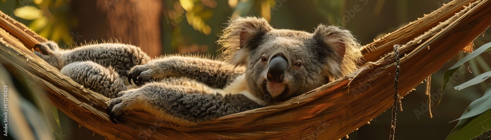 Naklejka premium A content koala lounges in a hammock, enjoying a moment of relaxation, encapsulating a vibe of leisure and comfort