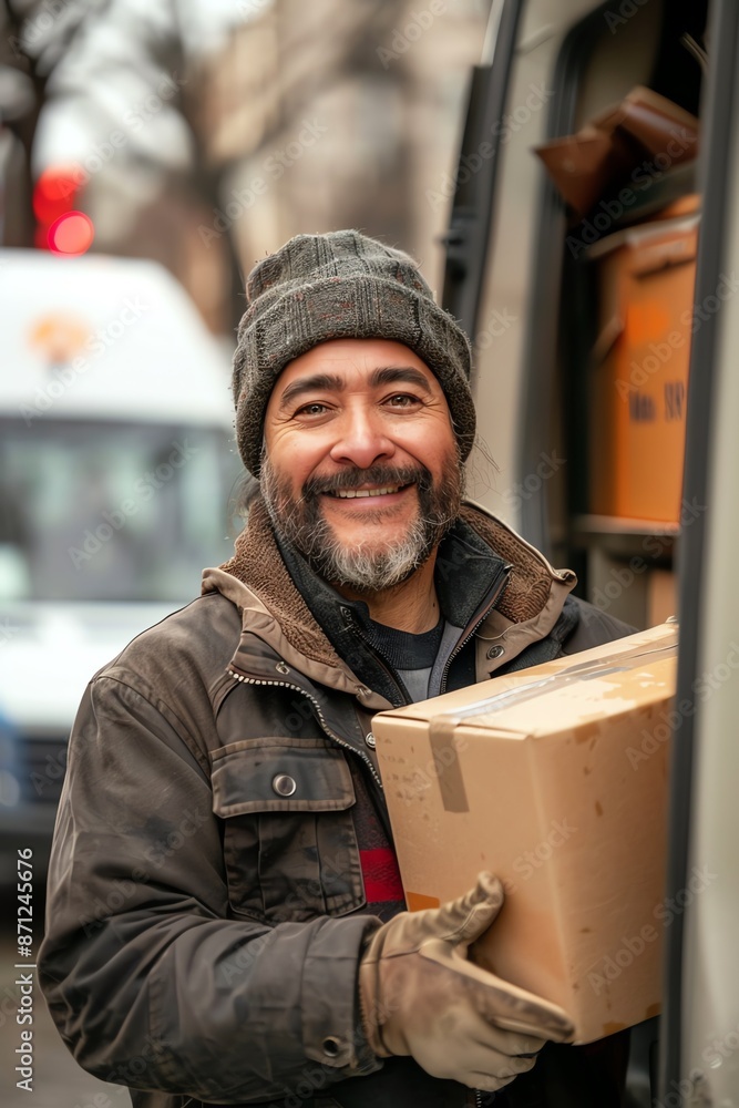 A friendly delivery man smiling at the camera while holding a package, standing in front of his delivery van A friendly delivery man smiling at the camera while holding a package, standing in front of his delivery van