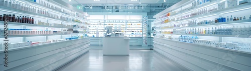 Bright, modern pharmacy with clean, white shelves, welllit © Creative_Bringer