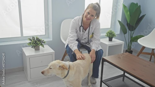 A smiling woman vet comforts a dog in a bright veterinary clinic room. photo