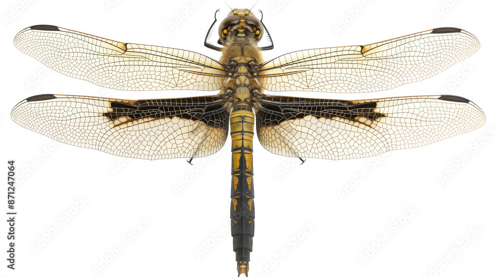 Close-up of a dragonfly with translucent wings and intricate black and yellow patterns on white background, top view Close-up of a dragonfly with translucent wings and intricate black and yellow patterns on white background, top view