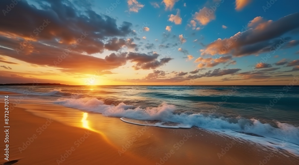 A beautiful sunset over the beach, with golden sand and blue sky, creating an enchanting scene of tranquility and beauty.
A beautiful sunset over the beach, with golden sand and blue sky, creating an enchanting scene of tranquility and beauty.