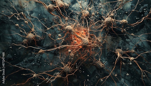 Visualize mental stress as a network of tangled wires and shattered structures in the brain. Chaotic, fragmented elements show the disarray and confusion of stress, mental challenges. 🧠💥 photo