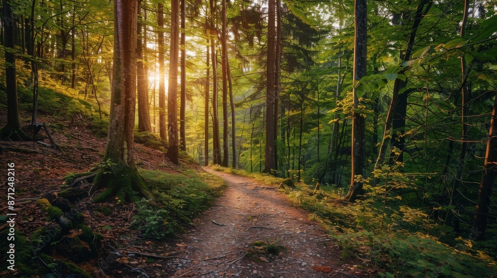 Obraz premium Forest trail with sunlight filtering through trees at dawn, serene nature and adventure concept
