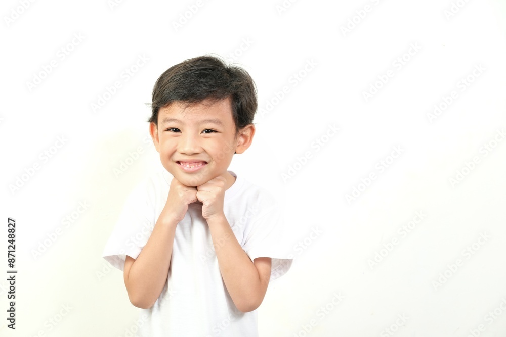 Cheerful young boy with a bright smile,dressed in a white t-shirt, posing against a white background.His joyful expression and hands clasped under his chin convey pure happiness and innocence. Cheerful young boy with a bright smile,dressed in a white t-shirt, posing against a white background.His joyful expression and hands clasped under his chin convey pure happiness and innocence.