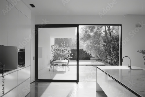 interior modern house, kitchen view from the glass door, black and white