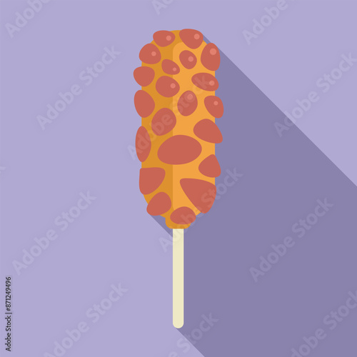 Corn dog being dipped in batter on a stick with long shadow