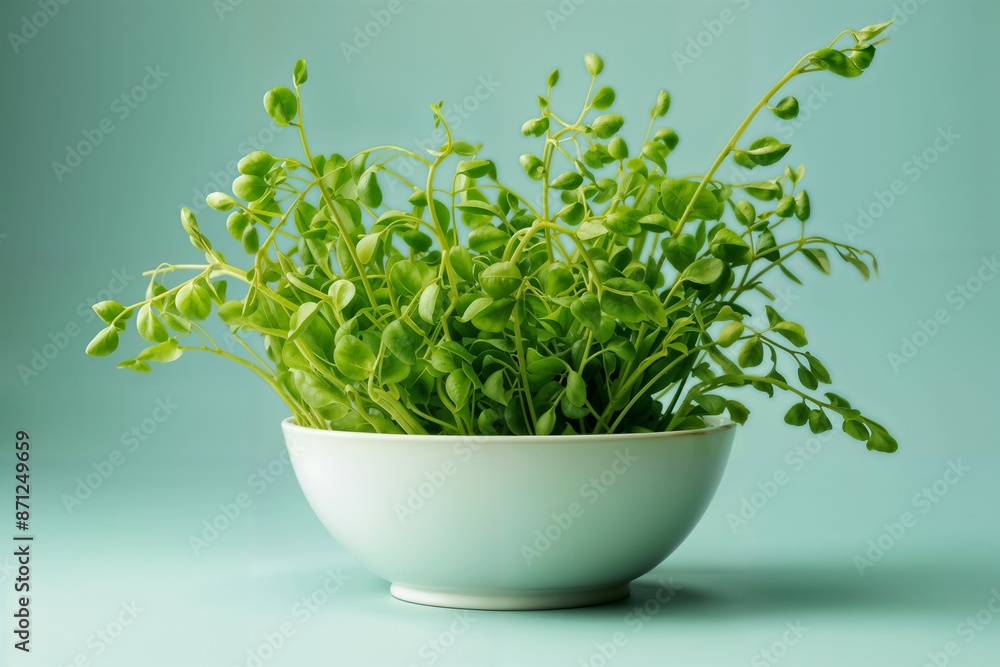 Lush Green Indoor Houseplant in Elegant White Ceramic Bowl on Light Green Background Lush Green Indoor Houseplant in Elegant White Ceramic Bowl on Light Green Background