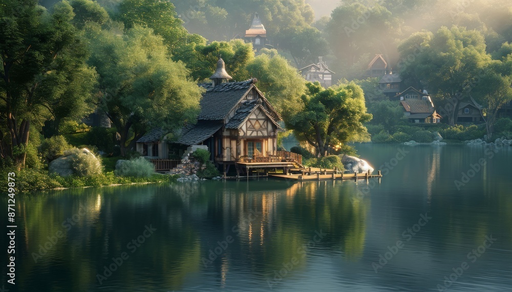 Fototapeta premium A serene lake surrounds a picturesque village with a centrally perched dwelling. It harmoniously connects with nature, reflecting water and village details, showcasing the beauty of lakeside living.