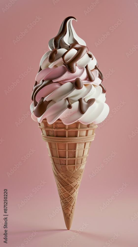 Ice cream cone with chocolate and vanilla swirl on pink background, studio shot. Dessert and confectionery concept Ice cream cone with chocolate and vanilla swirl on pink background, studio shot. Dessert and confectionery concept